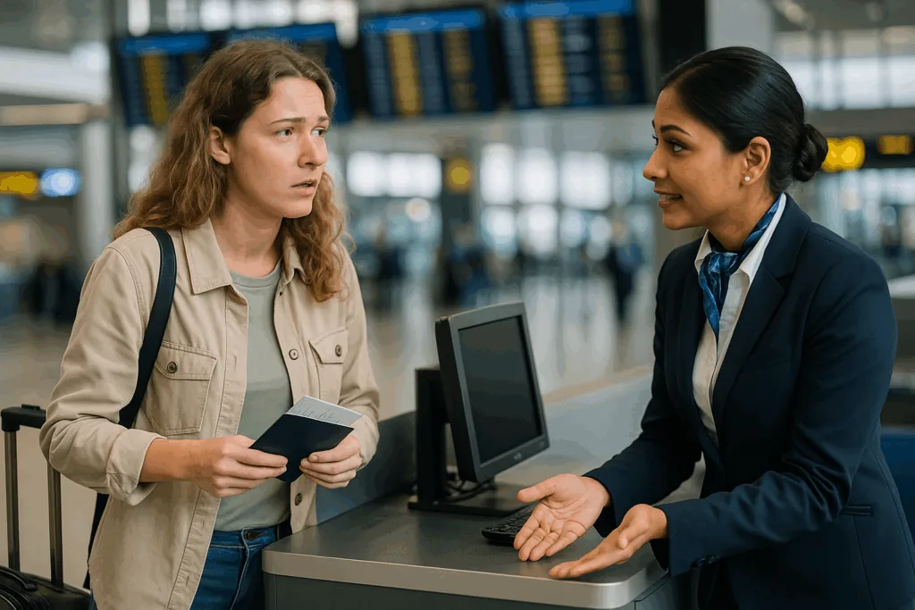 Travellers getting assistance for lost luggage issue