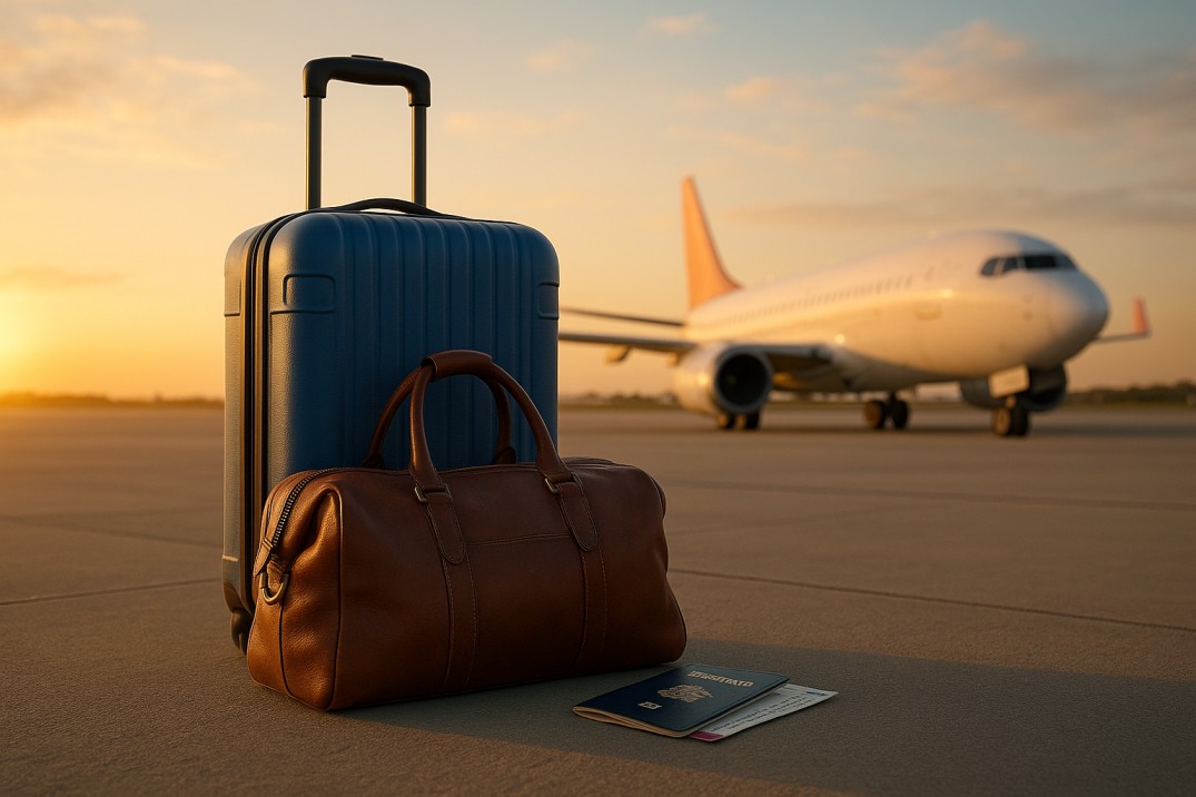 Suitcase and passport on airport tarmac at sunset