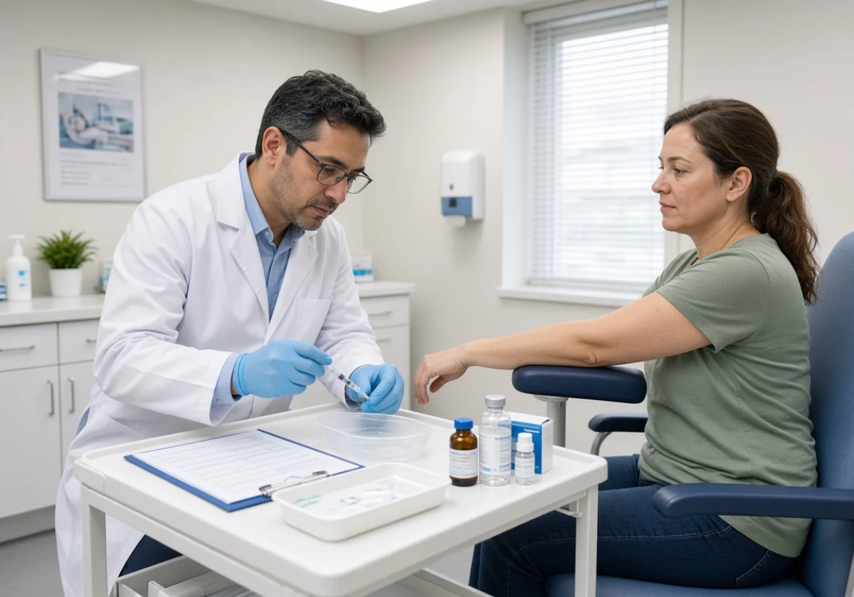 GP's vaccination clinic with a doctor preparing an injection while