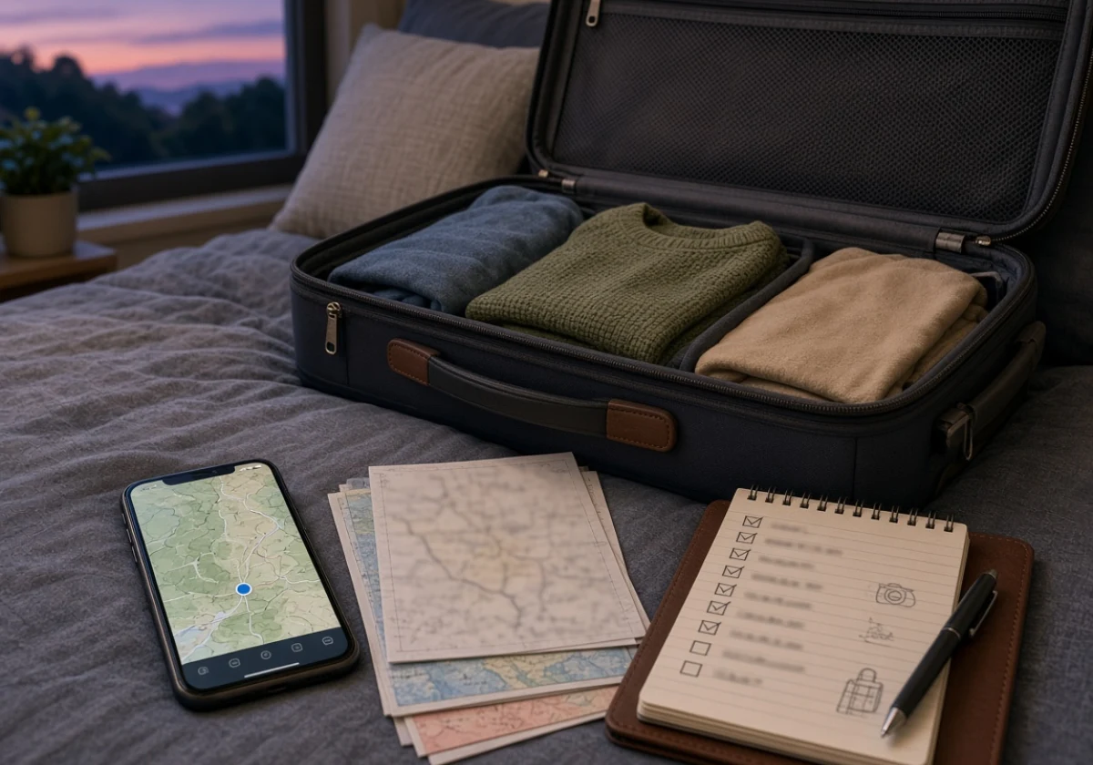 Open suitcase on a bed at dusk
