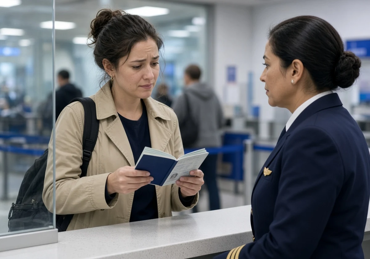 Passenger at an airport check-in desk in morning fluorescent light