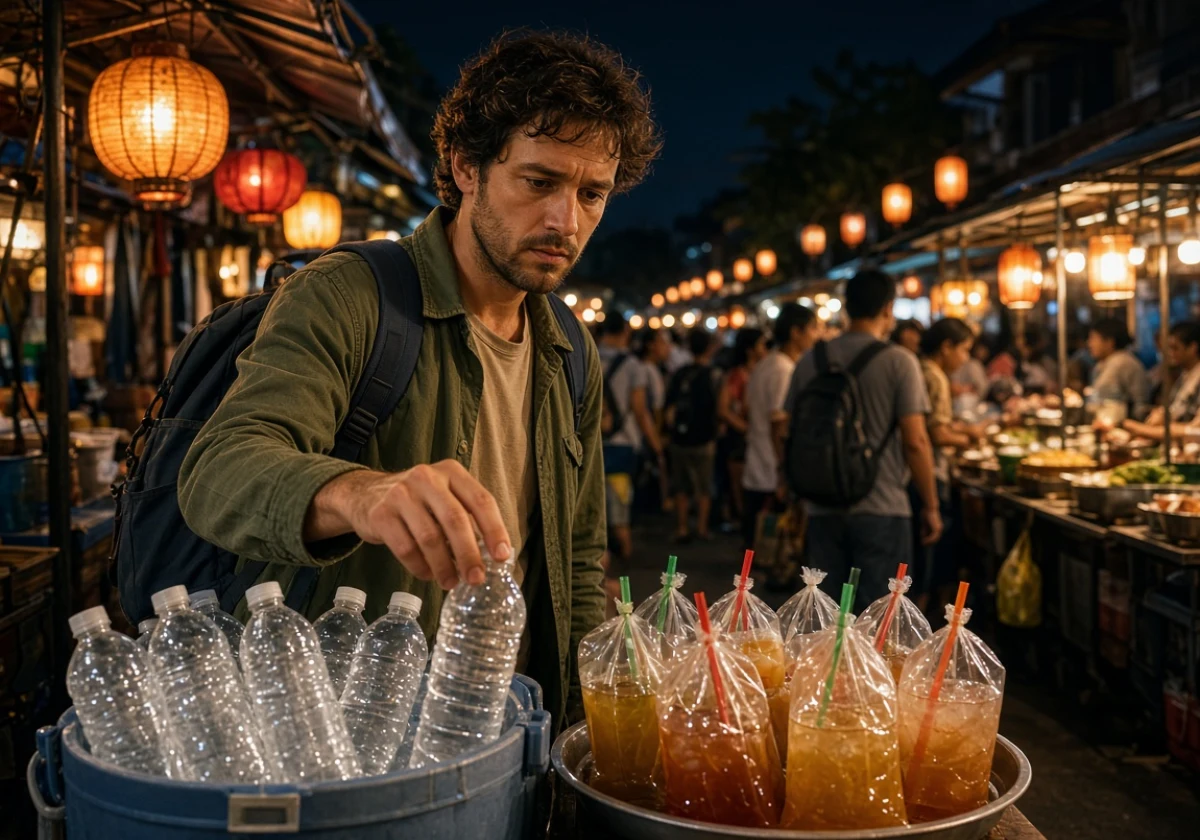 Traveller at a night market in Southeast Asia selecting between
