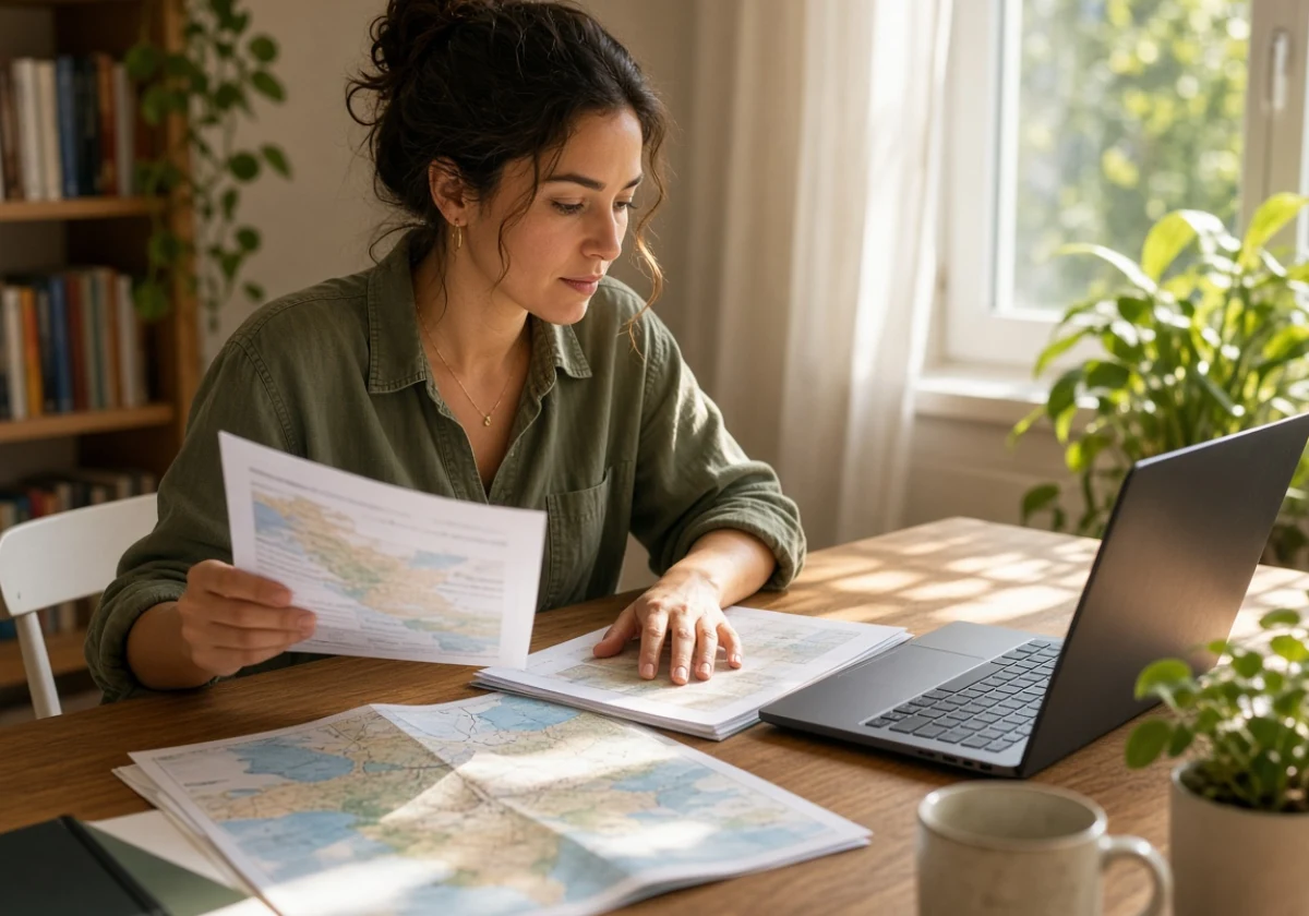 Woman at her home desk in afternoon sunlight reviewing printed travel